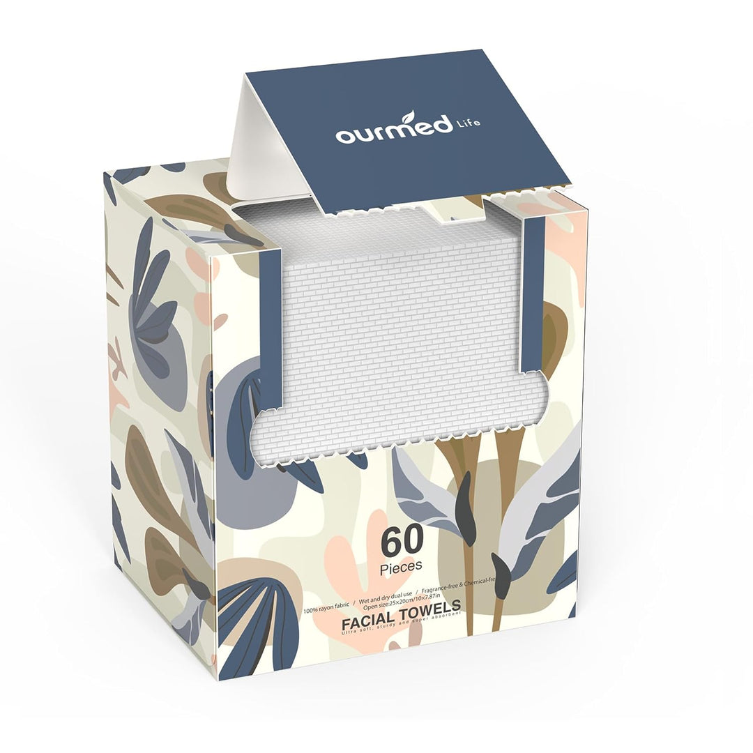 Ourmed Life Disposable Face Towel for Clean Wipes, 60 Count (12"x10"),  Organic Naturalism Boxed