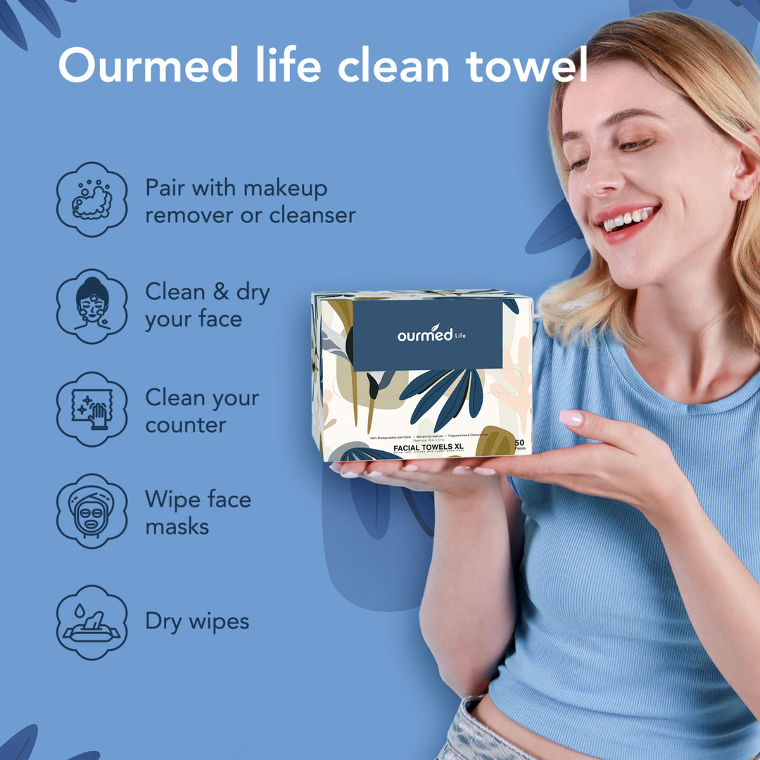 Ourmed Life Disposable Face Towel for Clean Wipes, 50 Count (12"x10"),  Organic Naturalism Boxed