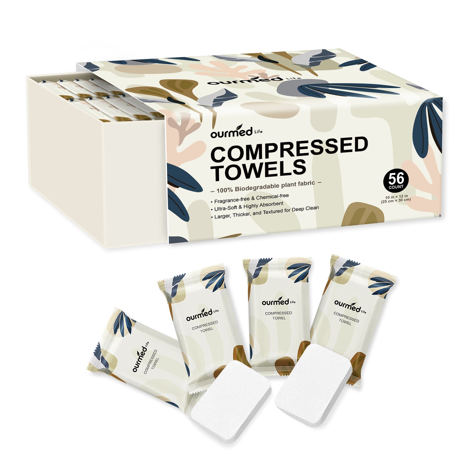 Ourmed Life Portable Disposable Compressed Face Towels for Travel,  56 Count (12" x 10"), Organic Naturalism Boxed
