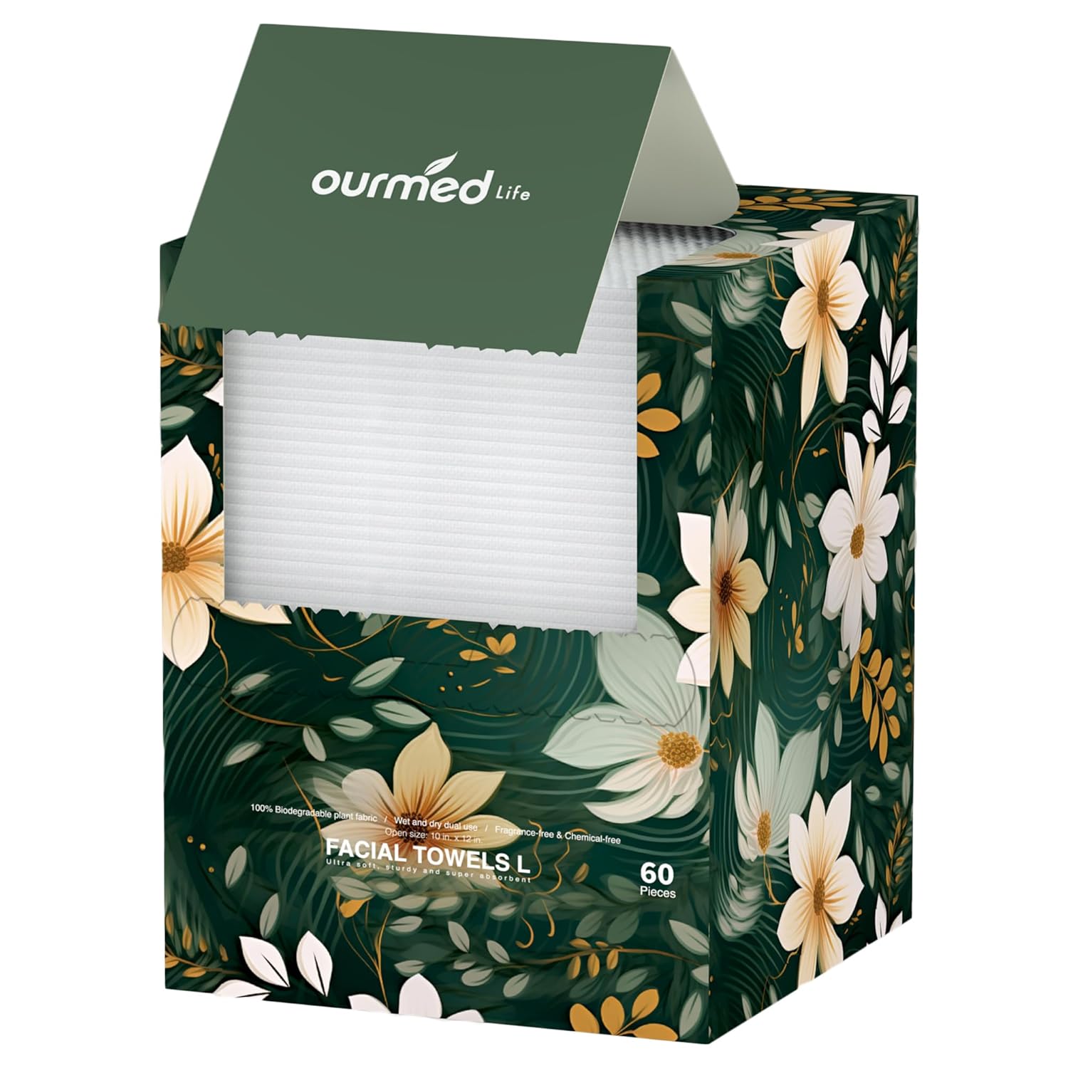 Ourmed Life Biodegradable Disposable Face Towels, 60 Count (10" x 10"), Modern Biophilic Boxed