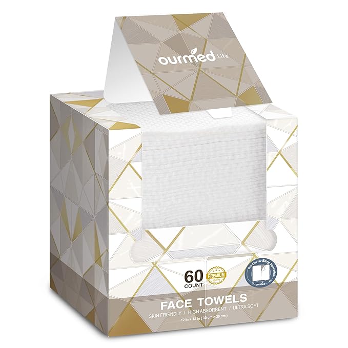 Ourmed Life Super-Premium Pre-cut Face Towels, 60 Count (12” x 12“), Geometric Luxury Boxed