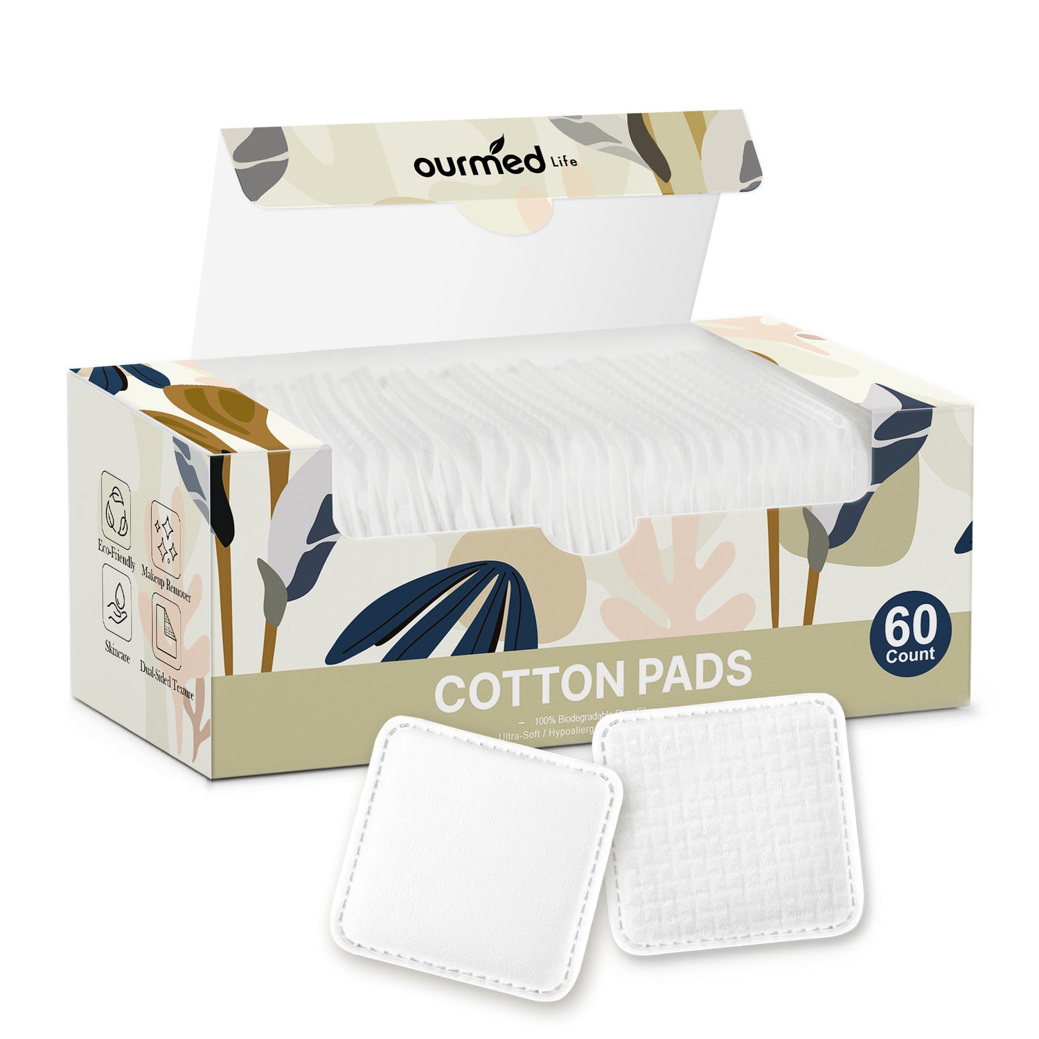 Ourmed Life Large Clean Cotton Pads for Makeup Removal, 60 Count (3" x 3"), Organic Naturalism Boxed