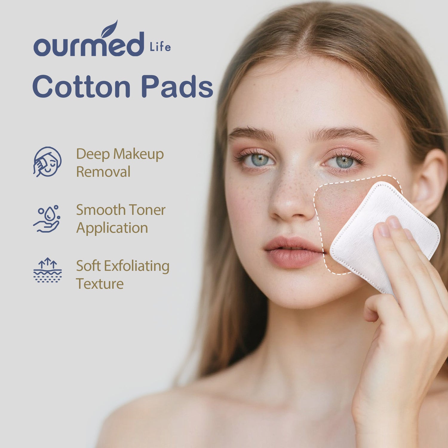 Ourmed Life Large Clean Cotton Pads for Makeup Removal, 60 Count (3" x 3"), Organic Naturalism Boxed